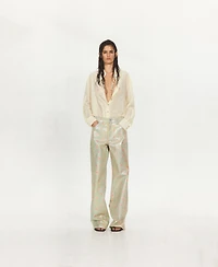 Mango Women's Beaded Belt Semi-Sheer Shirt