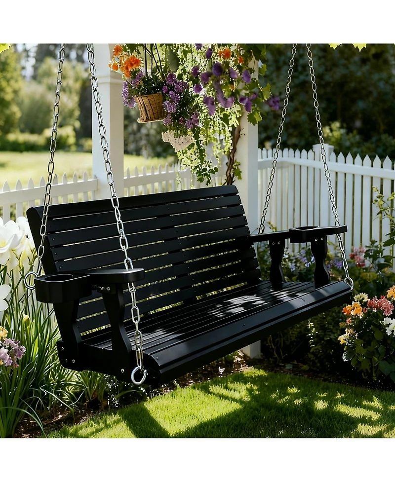 Innovaze 2-Seater 4 Ft Wooden Porch Swing High Backrest and Deep Seat with Cupholders for Outdoor Patio Garden (Deep Brown)