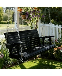 Innovaze 2-Seater 4 Ft Wooden Porch Swing High Backrest and Deep Seat with Cupholders for Outdoor Patio Garden (Deep Brown)