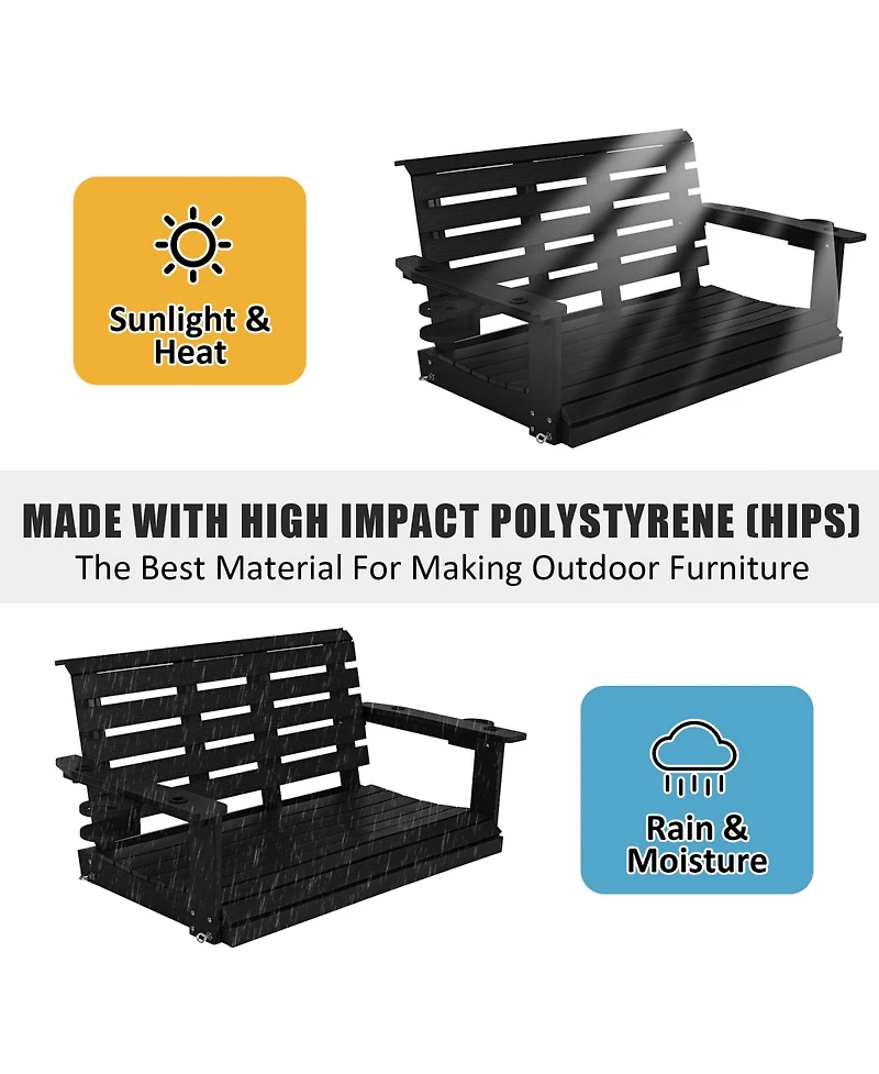 Innovaze 4ft All-Weather Hips Outdoor Porch Swing, Heavy-Duty Hanging Patio Bench with Foldable Cup Holders and Stainless Steel Hardware