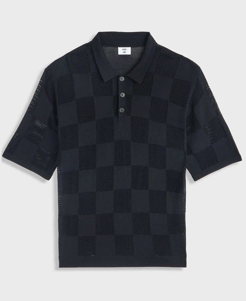 Mode of One Women's Checkerboard-Knit Relaxed-Fit Polo Shirt, Macy's Exclusive