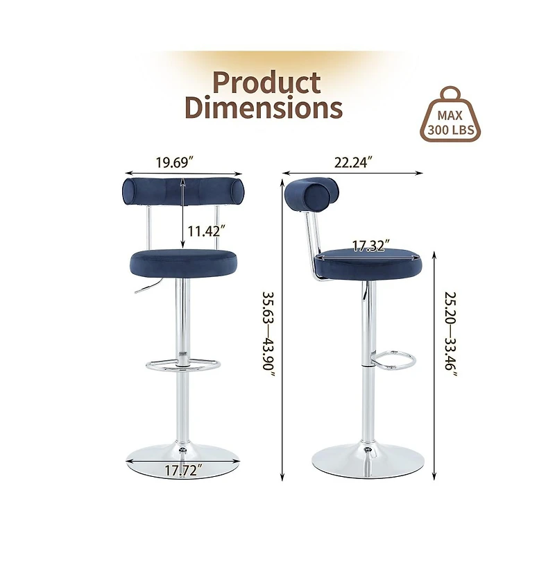 Maison Boucle Set of 2 Soft Velvet Upholstered Swivel Adjustable Bar Stools, 360-Degree Counter-Height Chairs, Chrome Silver Base