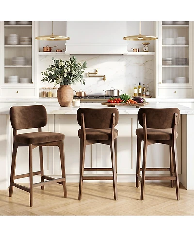 Maison Boucle 25.5" Counter-Height Bar Stools Set of 3, Velvet Upholstered Counter With Curved , Solid Wood Frame Footrest