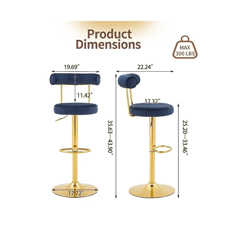 Maison Boucle Velvet Upholstered Swivel Adjustable Bar Stools Set of 2, Counter-Height Chairs with Gas Lift, Electroplated Gold Base