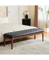Maison Boucle 66" Upholstered End of Bed Bench with Headrest, Nano Leather Upholstery Button-Tufted Bench, Solid Rubberwood Legs, Entryway Shoe