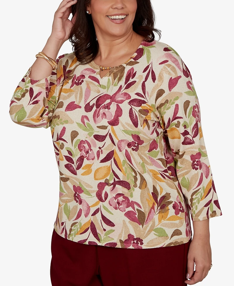 Alfred Dunner Plus Union Square Floral Painterly Print Shimmer Sweater
