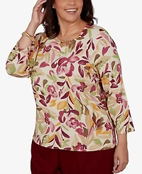 Alfred Dunner Plus Union Square Floral Painterly Print Shimmer Sweater