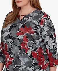 Alfred Dunner Plus Classic Textured Floral Split Neck Pocket Top