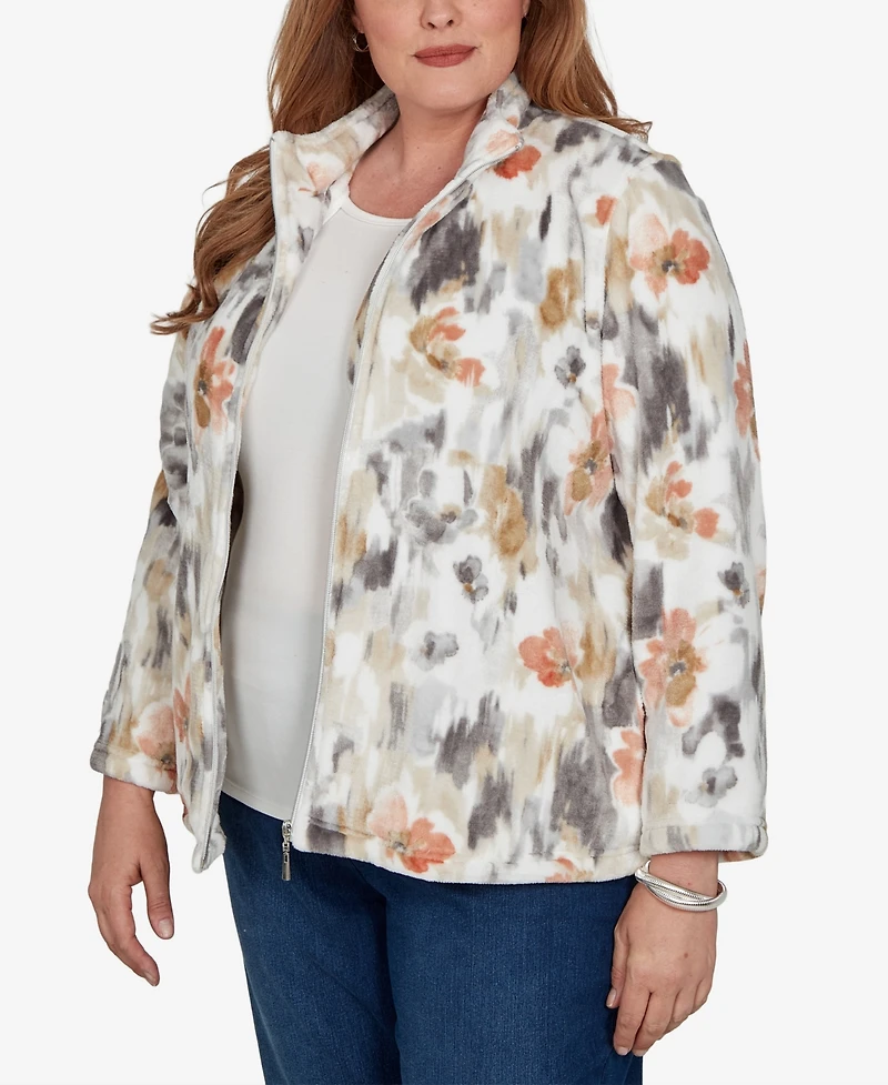 Alfred Dunner Plus Classic Watercolor Floral Cozy Zip Jacket