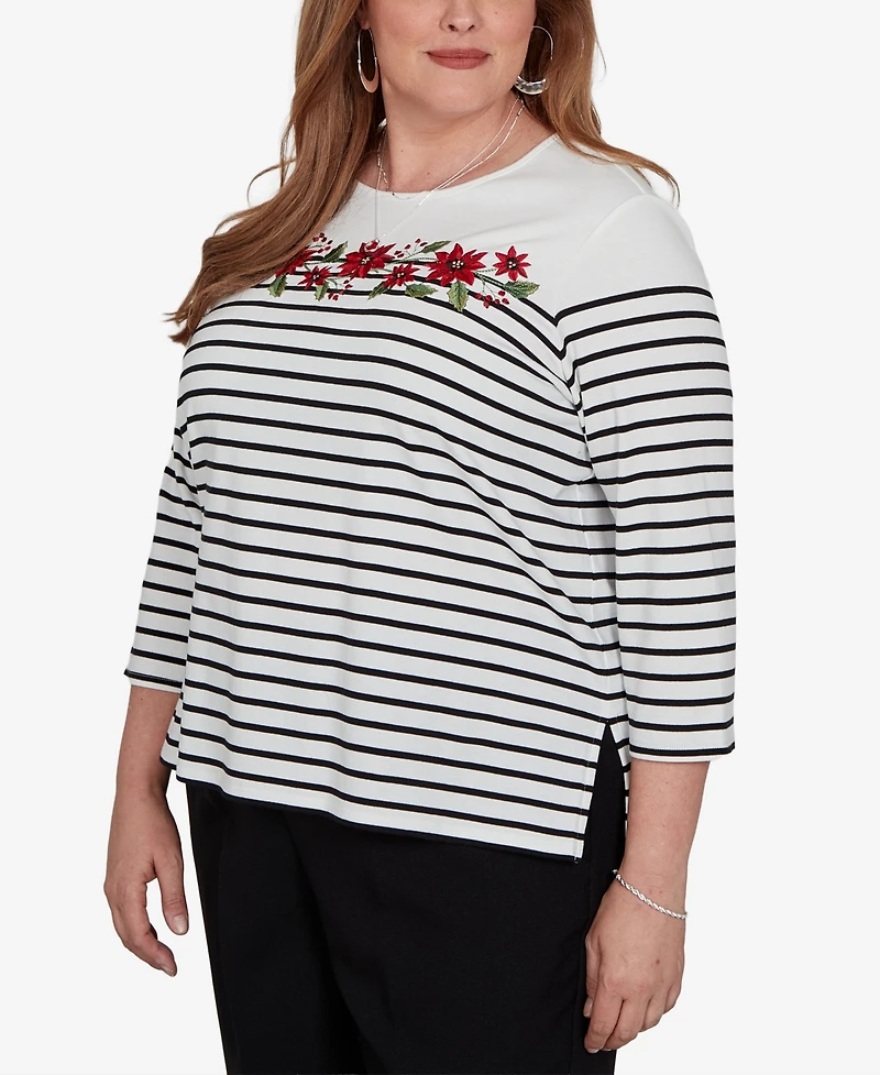 Alfred Dunner Plus Classic Poinsettia Stripe Knit Top