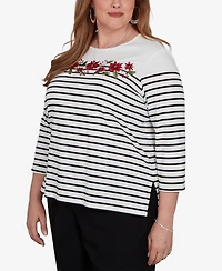 Alfred Dunner Plus Classic Poinsettia Stripe Knit Top