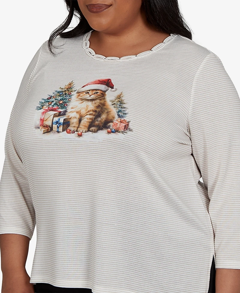 Alfred Dunner Plus Classic Santa Cat Knit Top
