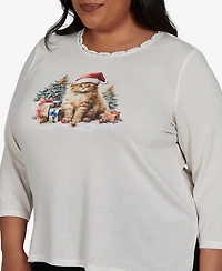 Alfred Dunner Plus Classic Santa Cat Knit Top