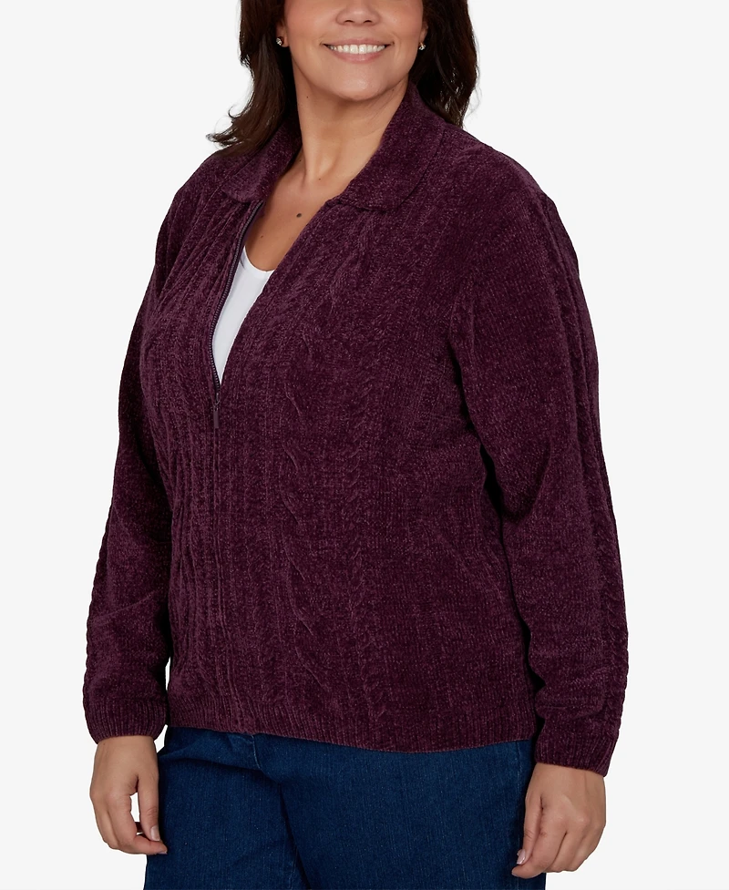 Alfred Dunner Plus Classic Cable Chenille-Zip Cardigan Sweater