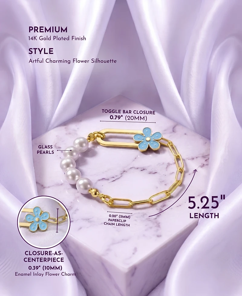 GiGiGirl 14K Gold Plated Bracelet with Pearls and Enamel Flower Clasp