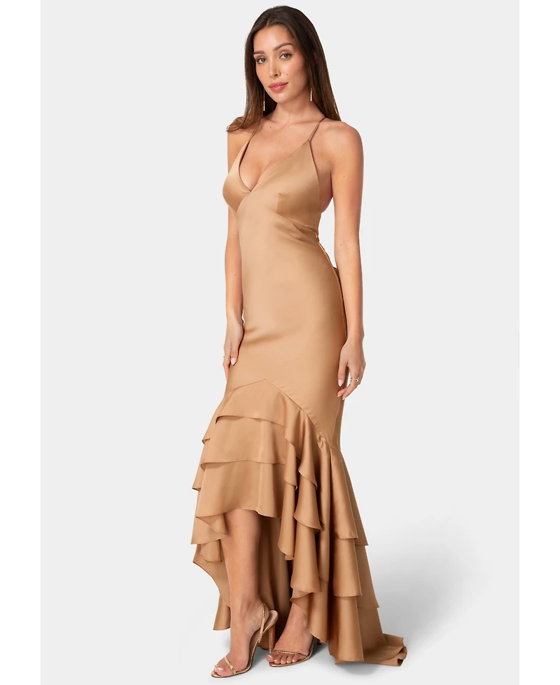 Bebe Women's High-Low Tiered V-Neck Gown