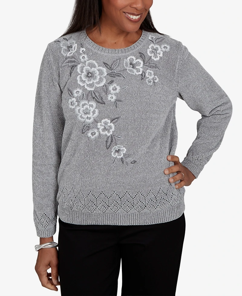 Alfred Dunner Petite Classic Embroidered Floral Textured Chenille Sweater