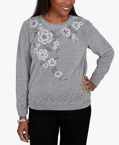 Alfred Dunner Petite Classic Embroidered Floral Textured Chenille Sweater