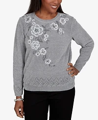 Alfred Dunner Petite Classic Embroidered Floral Textured Chenille Sweater