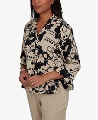 Alfred Dunner Petite Travel Advisory Geo Floral Button Front Top