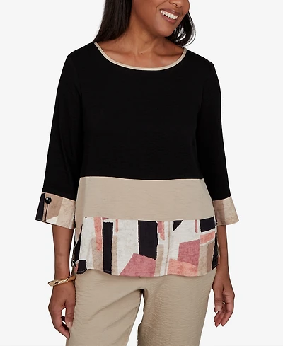 Alfred Dunner Petite Travel Advisory Spliced Patchwork Woven Top