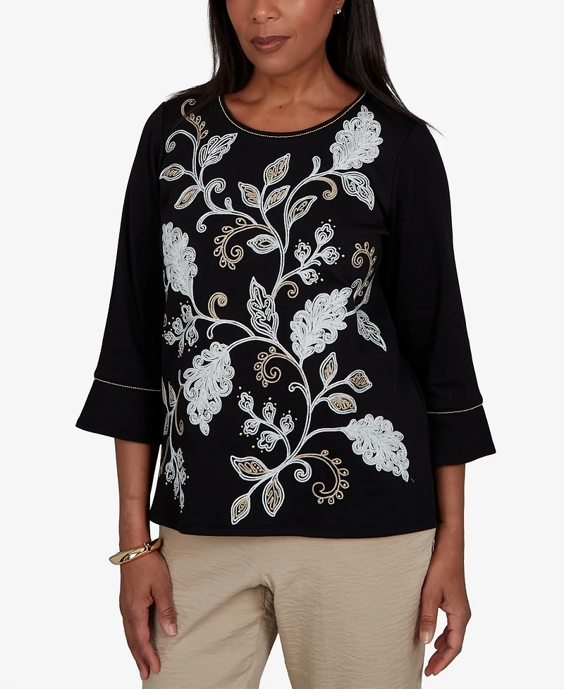 Alfred Dunner Petite Travel Advisory Scroll Leaf Embroidered Top