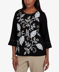 Alfred Dunner Petite Travel Advisory Scroll Leaf Embroidered Top