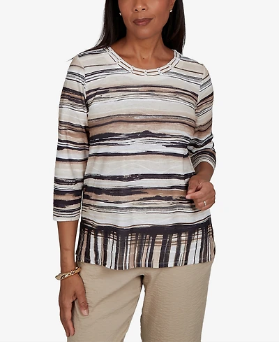 Alfred Dunner Petite Travel Advisory Scratched Stripes Knit Top