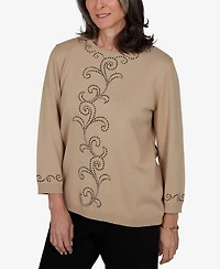 Alfred Dunner Petite Travel Advisory Beaded Scroll Embellished Sweater