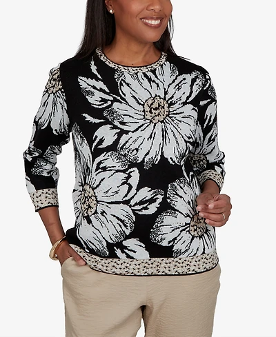 Alfred Dunner Petite Travel Advisory Dramatic Ink Floral Sweater