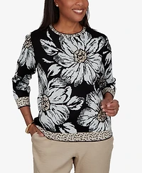 Alfred Dunner Petite Travel Advisory Dramatic Ink Floral Sweater