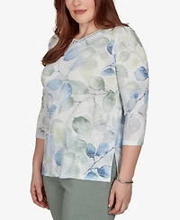 Alfred Dunner Petite Provence Watercolor Allover Leaf Print Top