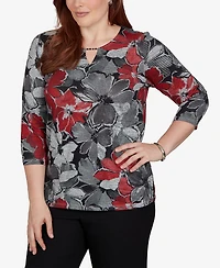 Alfred Dunner Petite Classic Textured Floral Split Neck Pocket Top