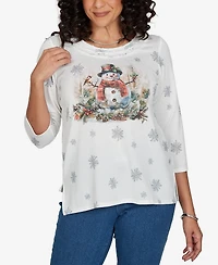 Alfred Dunner Petite Classic Shimmering Snowman Knit Top