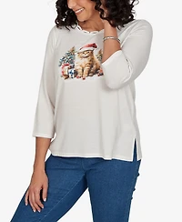 Alfred Dunner Petite Classic Santa Cat Knit Top