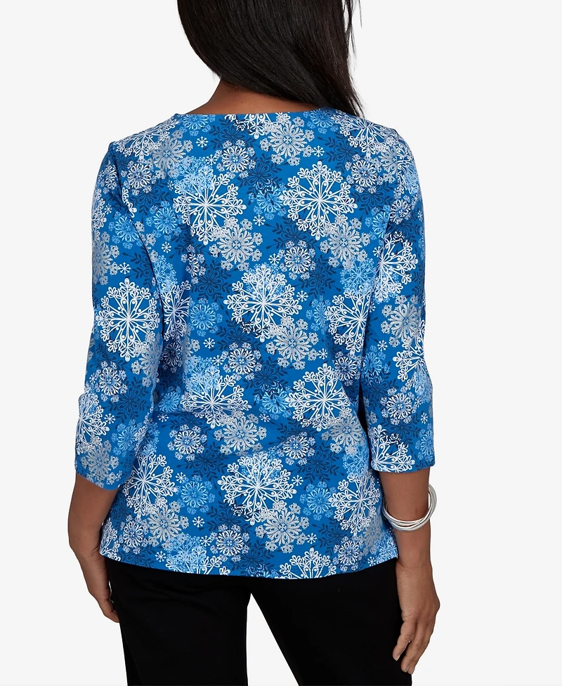 Alfred Dunner Petite Classic Blue Snowflake Print Knit Top