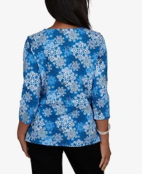 Alfred Dunner Petite Classic Blue Snowflake Print Knit Top