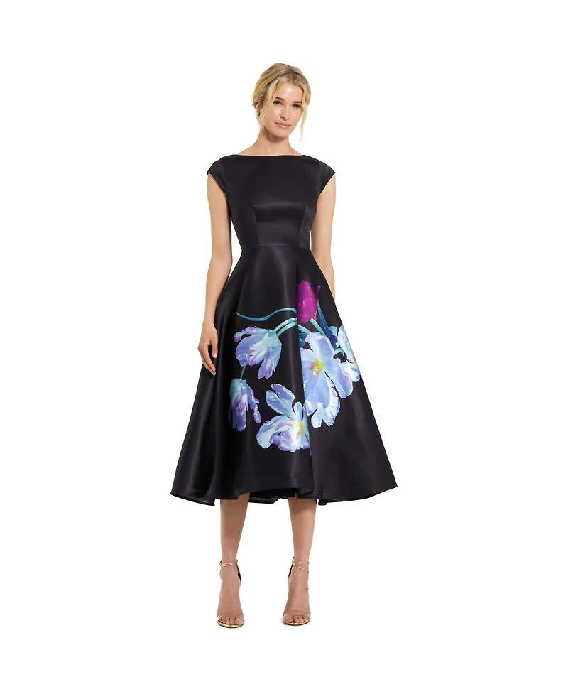Mac DuggalWomen's Floral Print Cap Sleeve Satin Midi Dress