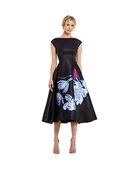 Mac DuggalWomen's Floral Print Cap Sleeve Satin Midi Dress