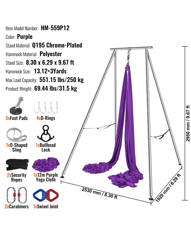 Sevorley Aerial Yoga Stand with Hammock, 9.67 ft Steel Frame, 13.1 Yards Silk, 551 lbs
