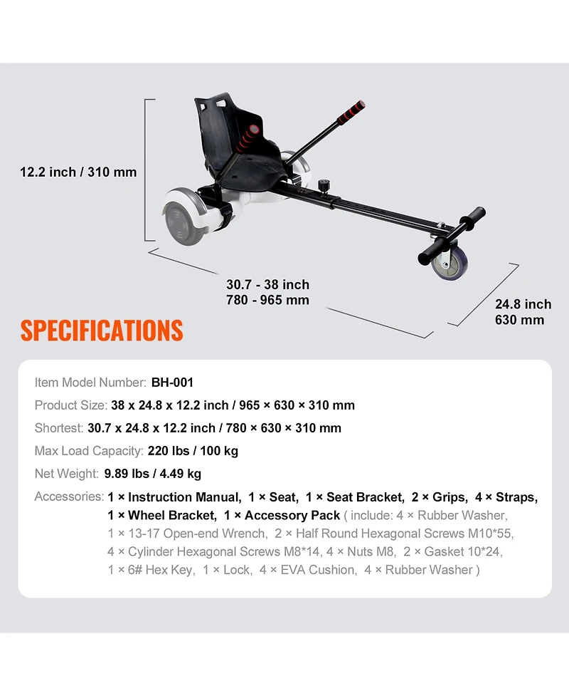 Sevorley Hoverboard Go-Kart Seat Attachment for Kids and Adults, Adjustable Frame, Fits 6.5" to 10" Boards
