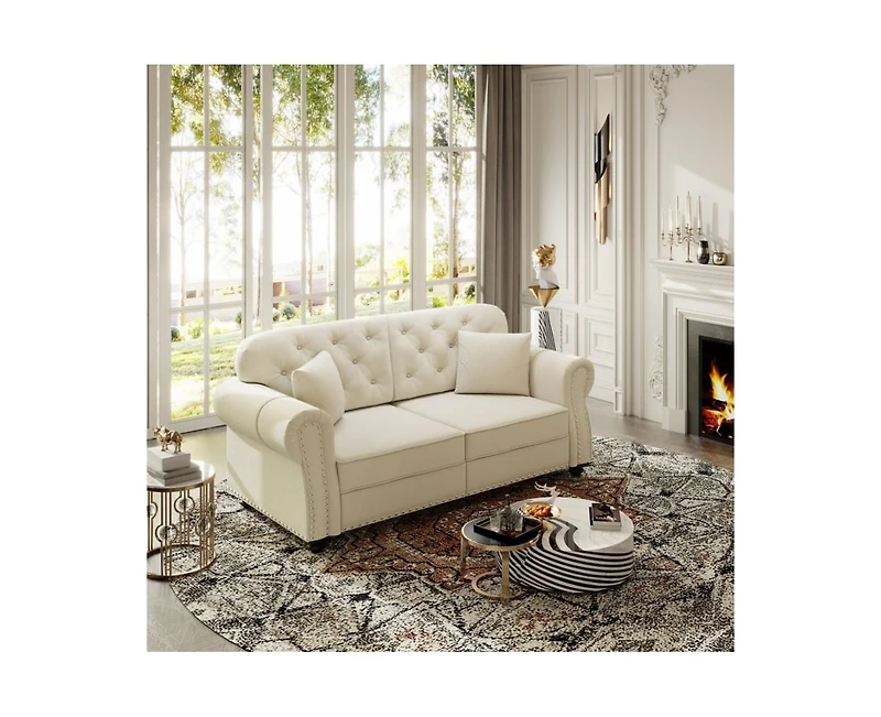 Rainsken 63" Mid-Century Velvet Sofa, Button Tufted Couch with Nailhead Trim, Rolled Armrests and 2 Pillows for Living Room, Apartment, Small Space