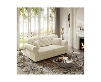 Rainsken 63" Mid-Century Velvet Sofa, Button Tufted Couch with Nailhead Trim, Rolled Armrests and 2 Pillows for Living Room, Apartment, Small Space