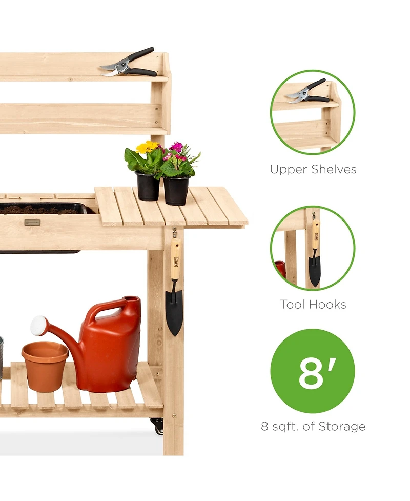Best Choice Products Wood Garden Potting Bench Workstation Table w/ Sliding Tabletop, 4 Locking Wheels, Dry Sink