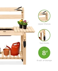 Best Choice Products Wood Garden Potting Bench Workstation Table w/ Sliding Tabletop, 4 Locking Wheels, Dry Sink