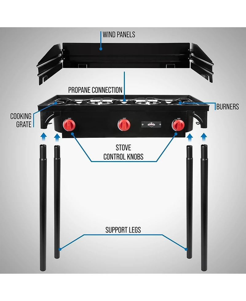 Hike Crew 225,000 Btu Portable Gas Stove with 3 Burners, Legs, Wind Panels and Temperature Control