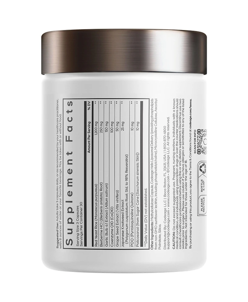 Codeage Liposomal Yeast Rice Platinum, CoQ10, Berberine, Garlic, Grape Seed, Resveratrol, 90 Count