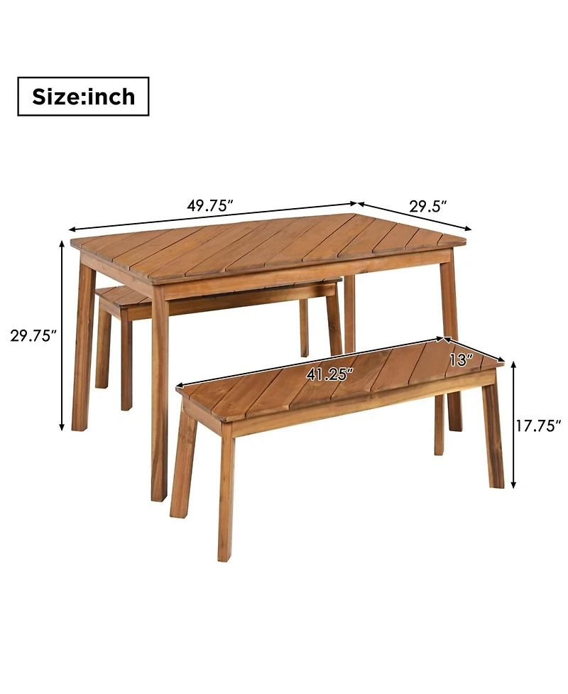 Asagikoiai 3-Piece Acacia Wood Outdoor Dining Table Set with 2 Benches