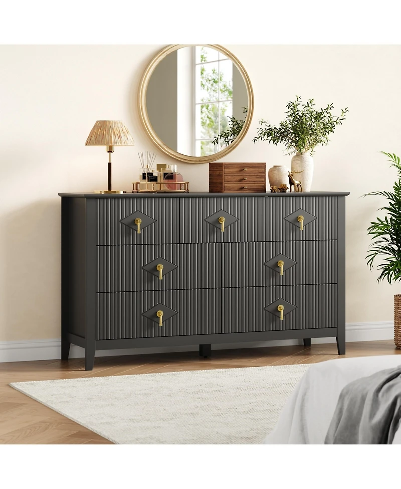 homfan Modern Fluted 7-Drawer Dresser, 54" Wide Wood Chest, Bedroom Storage Organizer Cabinet, Metal Handles, Versatile for Living Room, Hallway