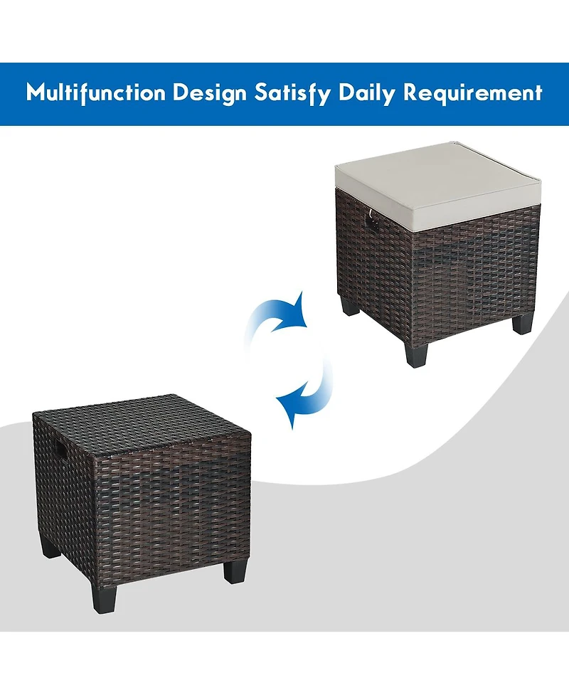 Costway 2 Piece Patio Rattan Ottoman Cushioned Seat Foot Rest Coffee Table